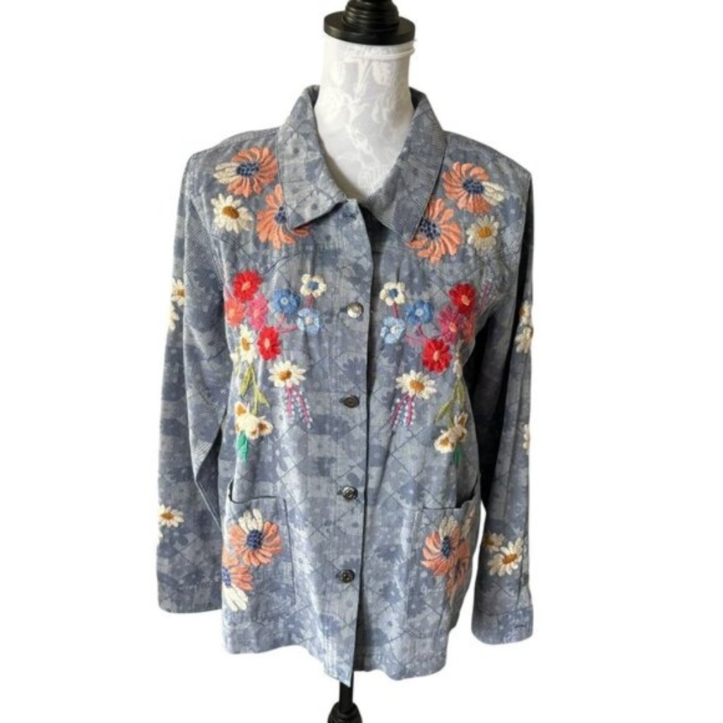 Johnny Was Marissa Western Worker Jacket Denim Floral Embroidered Medium Nwt